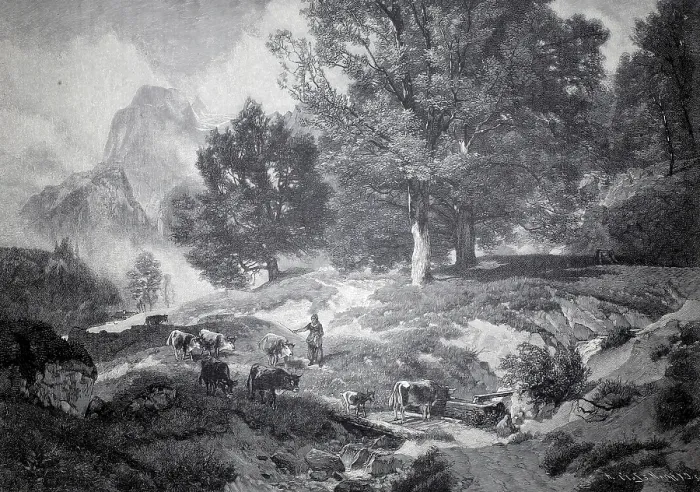 Framed Print : Landscape in Ramsau with Cows and Shepherd Print, 1890 Framed Print : Landscape in Ramsau with Cows and Shepherd Print, 1890