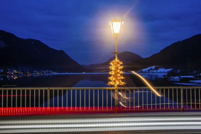 Framed Print : Lantern on Bridge over Weissensee Print, Carinthia, Austria Framed Print : Lantern on Bridge over Weissensee Print, Carinthia, Austria