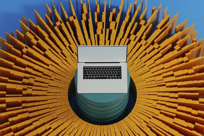 Framed Print : AI Network Print: Laptop in Data Elements Framed Print : AI Network Print: Laptop in Data Elements