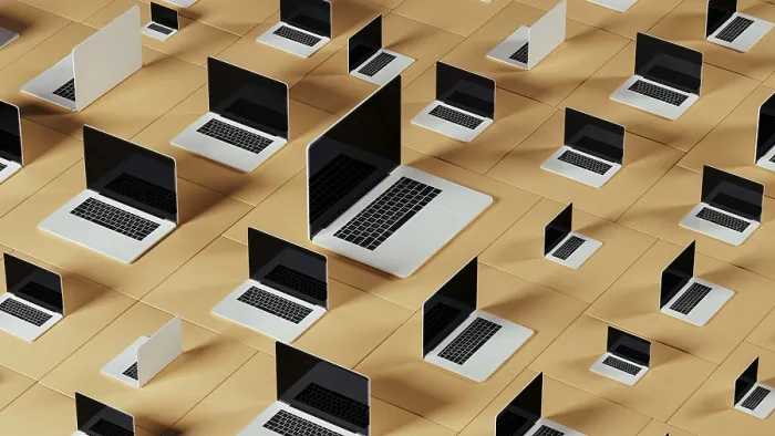 Framed Print : Laptops in Geometric Pattern Print: Modern Digital Aesthetic