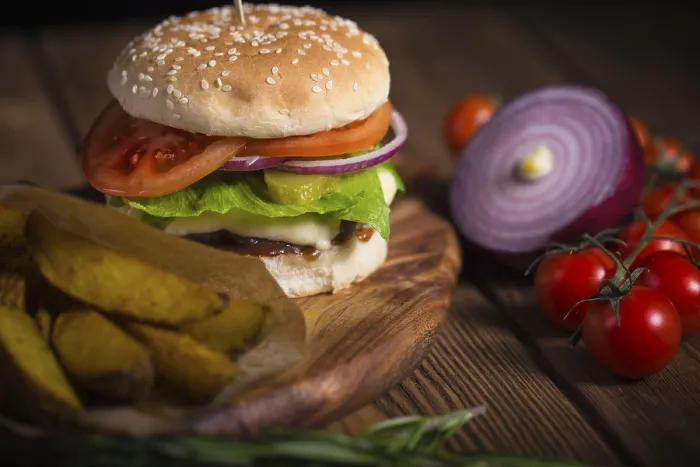 Framed Print : Large Appetizing Burger Print with Beef, Potatoes and Cheese Framed Print : Large Appetizing Burger Print with Beef, Potatoes and Cheese
