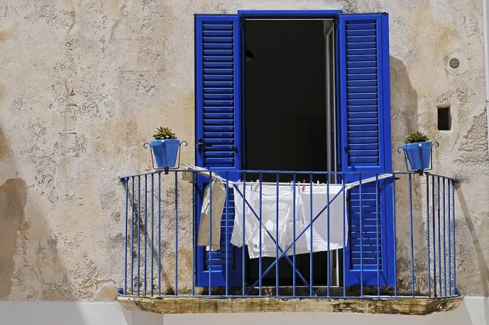 Framed Print : Laundry Drying on a Balcony Print, Otranto, Italy Framed Print : Laundry Drying on a Balcony Print, Otranto, Italy