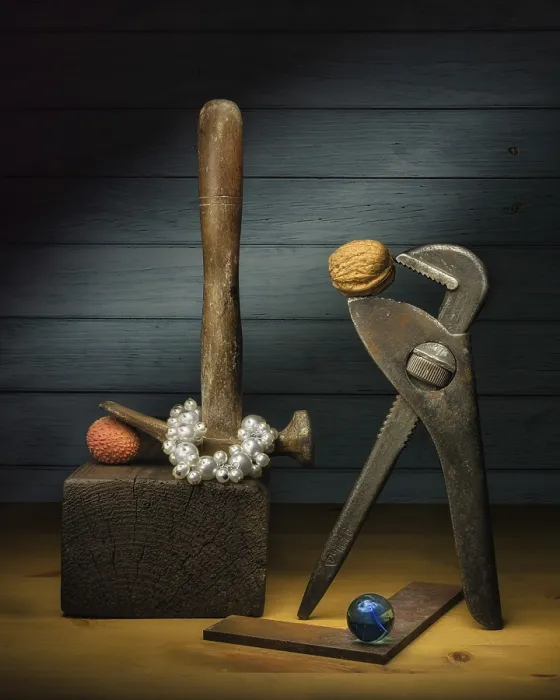 Framed Print : Still Life Print with Tools and Fruits