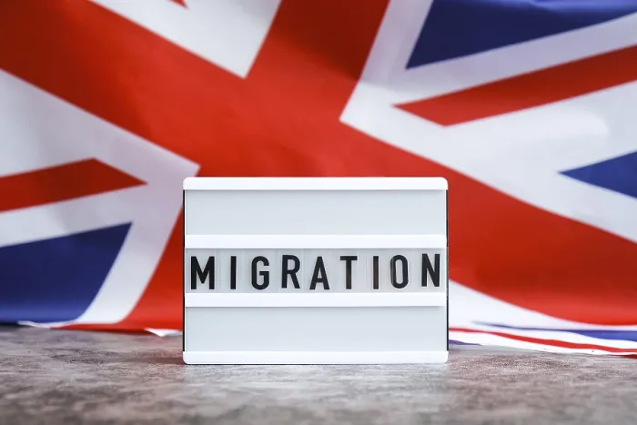 Framed Print : Print of MIGRATION flow, a British flag background with a UK wave