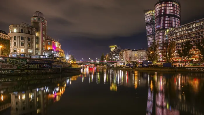 Framed Print : Lights Reflected in Danube Canal Print, Vienna, Austria