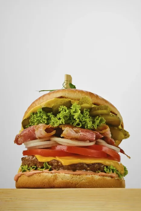 Framed Print : Low Angle View of Beef Burger with Bacon Print Framed Print : Low Angle View of Beef Burger with Bacon Print
