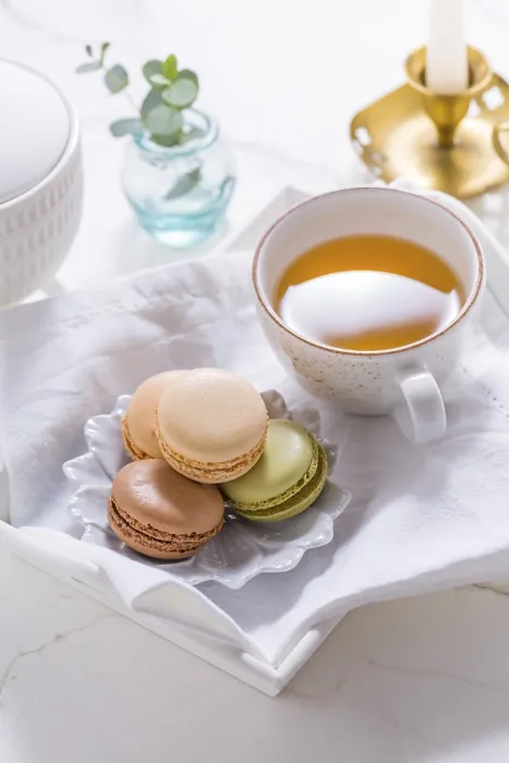 Framed Print : Macarons and Tea Print on White Table Framed Print : Macarons and Tea Print on White Table