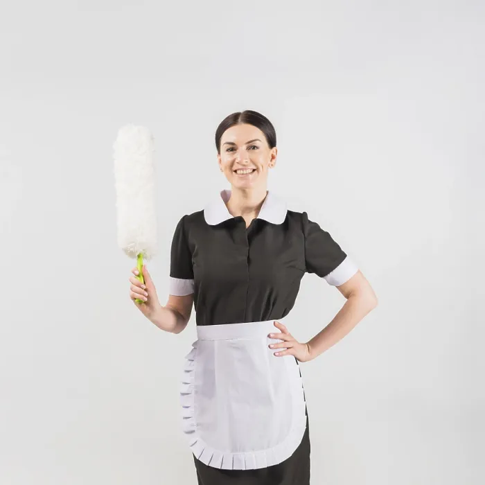 Framed Print : Maid with Duster Smiling Print Framed Print : Maid with Duster Smiling Print