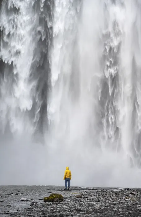 Framed Print : Man in front of large waterfall Print, Skogafoss, Iceland