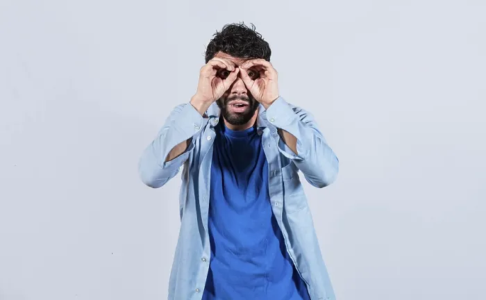 Framed Print : Man Making Binoculars Gesture Print Framed Print : Man Making Binoculars Gesture Print