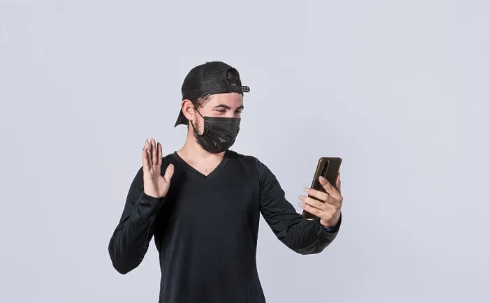Framed Print : Man Making Video Call Print with Face Mask Framed Print : Man Making Video Call Print with Face Mask