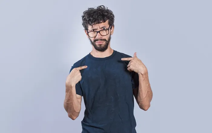 Framed Print : Man with Puzzled Face Pointing at Himself Print Framed Print : Man with Puzzled Face Pointing at Himself Print