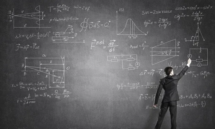 Framed Print : Man in Suit Standing with Back, Drawing Formulas on Chalkboard Print Framed Print : Man in Suit Standing with Back, Drawing Formulas on Chalkboard Print