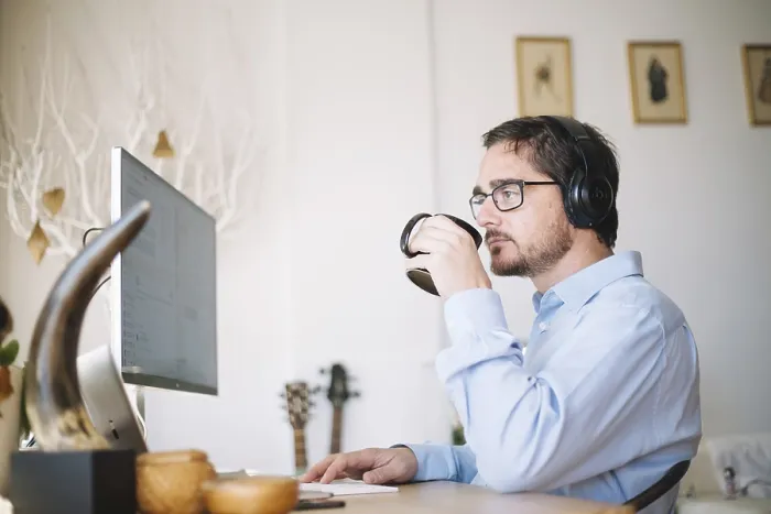 Framed Print : Man Working Computer Drinking Print Framed Print : Man Working Computer Drinking Print