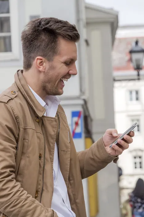 Framed Print : Austrian Man Writes Text Message on Smartphone Print Framed Print : Austrian Man Writes Text Message on Smartphone Print