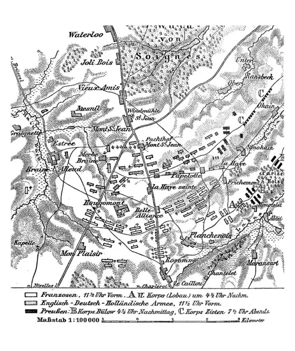 Framed Print : Print of the Battle of Waterloo Map, 18th June 1815