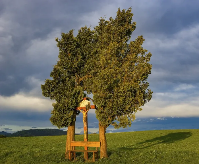 Framed Print : Martyrdom with bench between trees Print, Pöndorf, Austria Framed Print : Martyrdom with bench between trees Print, Pöndorf, Austria