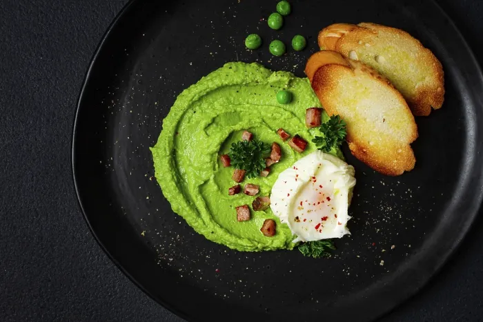 Framed Print : Print of Mashed Peas with Boiled Egg and Fried Bacon Framed Print : Print of Mashed Peas with Boiled Egg and Fried Bacon