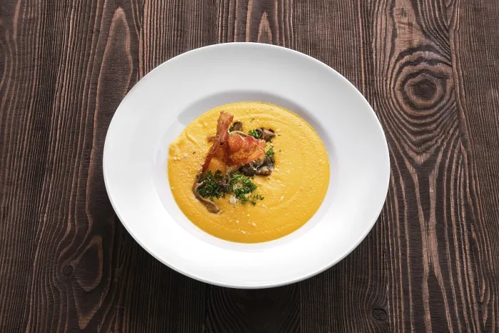 Framed Print : Mashed Pumpkin Soup Puree with Bacon Print