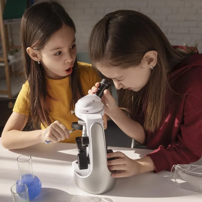 Framed Print : Medium Shot Girls Learning with Microscope Print Framed Print : Medium Shot Girls Learning with Microscope Print