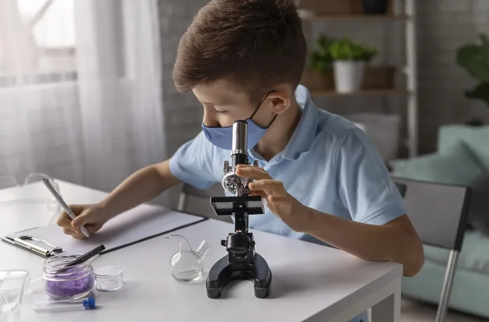 Framed Print : Medium Shot Kid Learning with Microscope Print Framed Print : Medium Shot Kid Learning with Microscope Print
