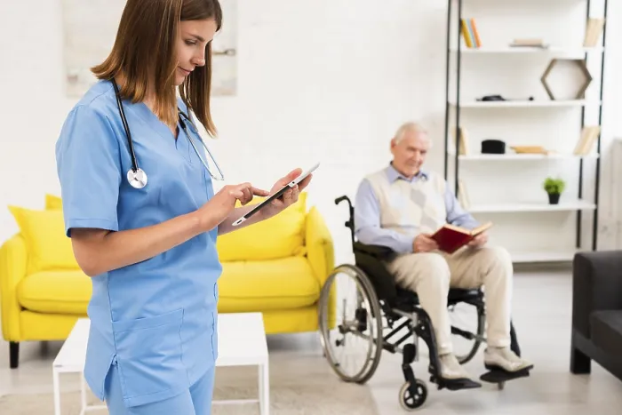 Framed Print : Medium Shot Nurse Checking Tablet Print Framed Print : Medium Shot Nurse Checking Tablet Print