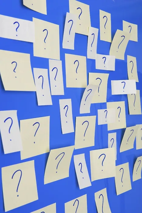Framed Print : Print of Memo Sheets on Wall with Question Marks Framed Print : Print of Memo Sheets on Wall with Question Marks
