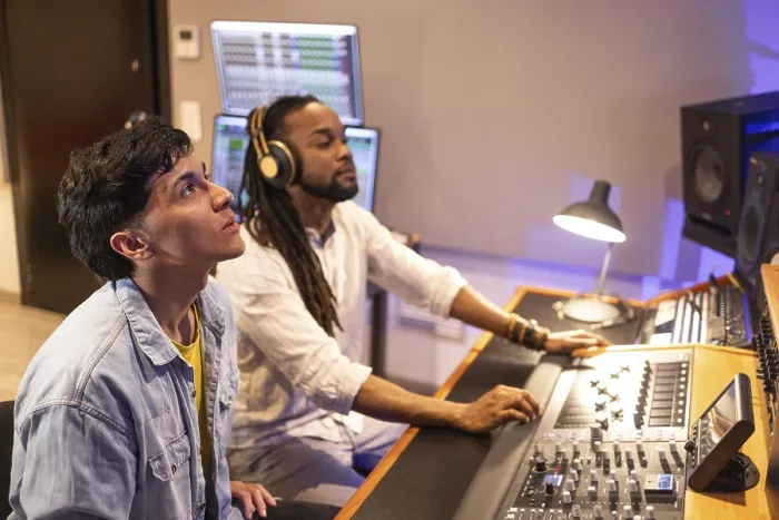 Framed Print : Two Men Collaborate in a Recording Studio Print Framed Print : Two Men Collaborate in a Recording Studio Print