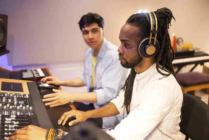 Framed Print : Two Men Collaborate in a Recording Studio Print Framed Print : Two Men Collaborate in a Recording Studio Print