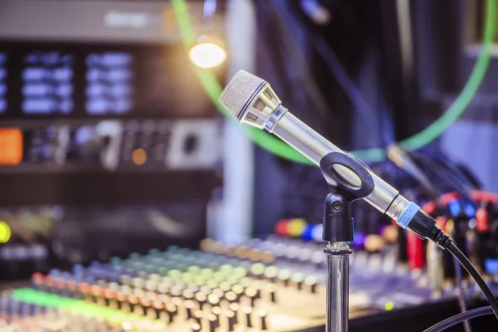 Framed Print : Metal Microphone Print in Studio Setting