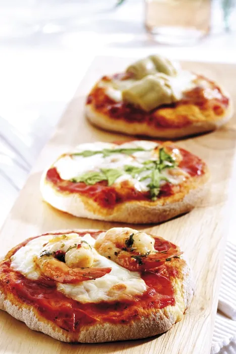 Framed Print : Mini Pizzas with Mozzarella, Prawn and Artichokes Print Framed Print : Mini Pizzas with Mozzarella, Prawn and Artichokes Print