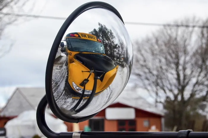 Framed Print : Mirroring of Yellow Schoolbus on External Mirror Print Framed Print : Mirroring of Yellow Schoolbus on External Mirror Print
