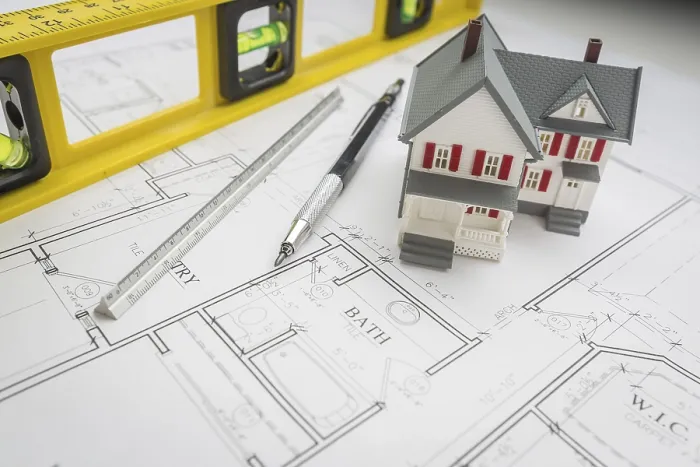 Framed Print : Model Home Construction Print with Plans and Tools Framed Print : Model Home Construction Print with Plans and Tools