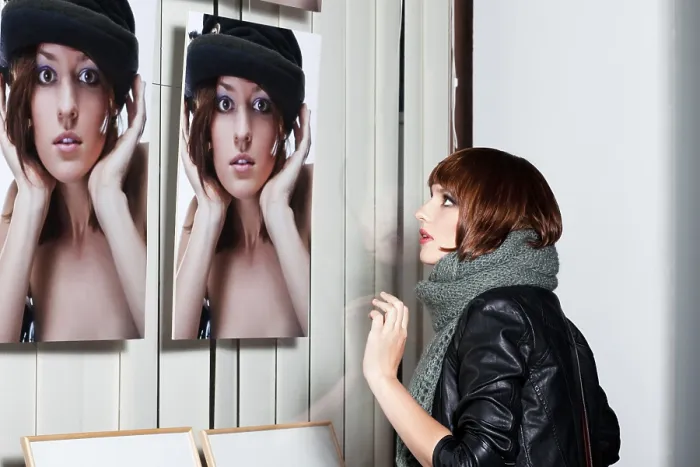 Framed Print : Model Posing in Front of a Showcase Print Framed Print : Model Posing in Front of a Showcase Print