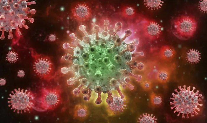 Framed Print : Monkeypox Virus Print: Viral Molecules on Red Background Framed Print : Monkeypox Virus Print: Viral Molecules on Red Background