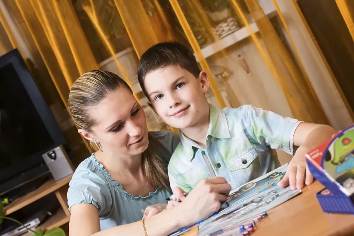 Framed Print : Mother and Boy Doing Homework Together Print Framed Print : Mother and Boy Doing Homework Together Print