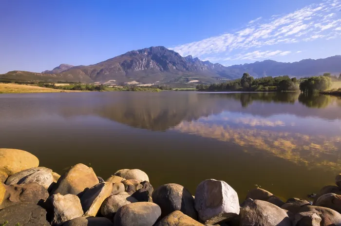 Framed Print : Mountain, reflection in the reservoir Print, Tulbagh, South Africa Framed Print : Mountain, reflection in the reservoir Print, Tulbagh, South Africa