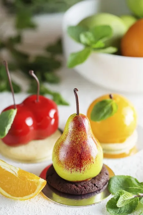 Framed Print : Mousse Dessert Print in Fruit Shapes: Pear, Orange, Cherry Framed Print : Mousse Dessert Print in Fruit Shapes: Pear, Orange, Cherry