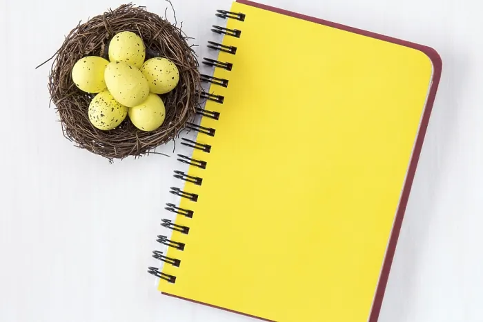 Framed Print : Nest with Painted Easter Eggs and Notebook Print Framed Print : Nest with Painted Easter Eggs and Notebook Print