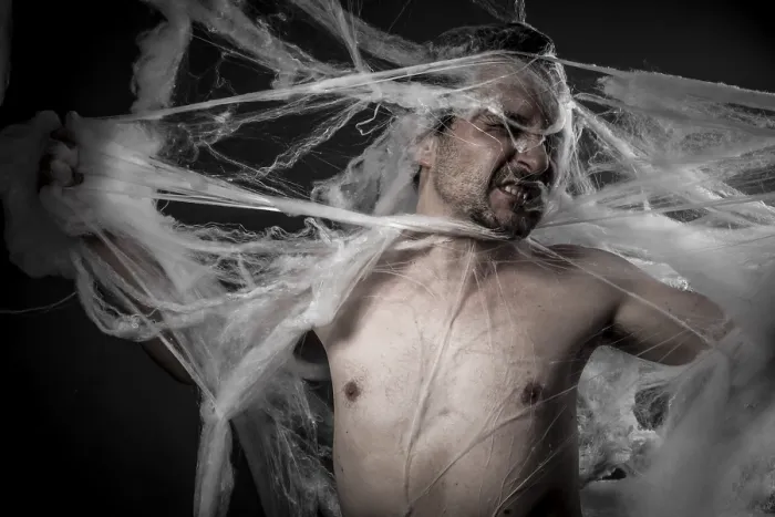 Framed Print : Network Print: Man Tangled in White Spider Web
