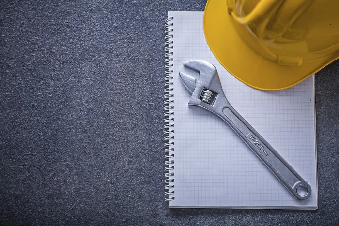 Framed Print : Construction Print: Notebook Hard Hat Adjustable Wrench