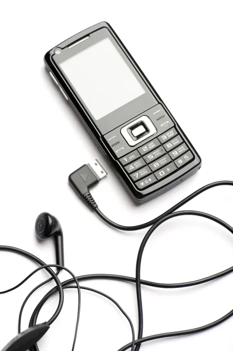 Framed Print : Mobile Phone with Headset Print on White Background Framed Print : Mobile Phone with Headset Print on White Background