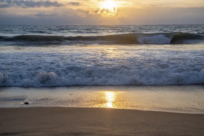 Framed Print : Ocean Waves Breaking on a Sandy Beach Print, Solace, France
