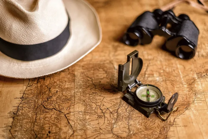 Framed Print : Old Expedition Map Print with Compass and Binoculars Framed Print : Old Expedition Map Print with Compass and Binoculars