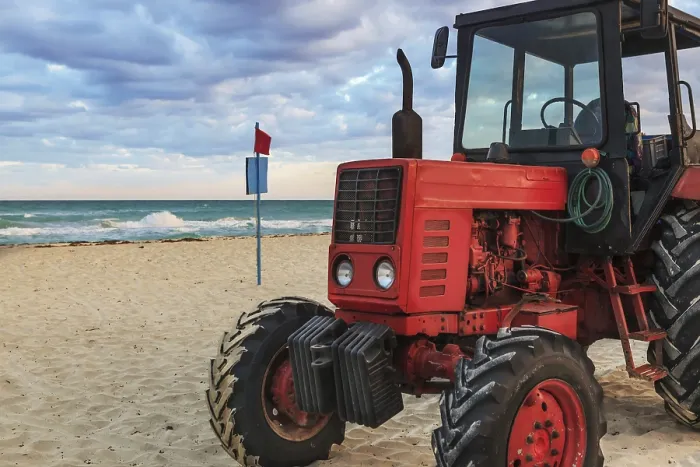 Framed Print : Old Red Tractor Print on Sandy Beach Framed Print : Old Red Tractor Print on Sandy Beach
