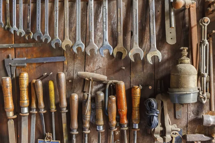 Framed Print : Old Tool Panel Print with Various Hand Tools Framed Print : Old Tool Panel Print with Various Hand Tools