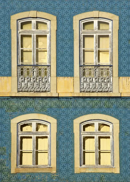 Framed Print : Old Windows on Tiled Faade Print - Silves, Algarve, Portugal Framed Print : Old Windows on Tiled Faade Print - Silves, Algarve, Portugal