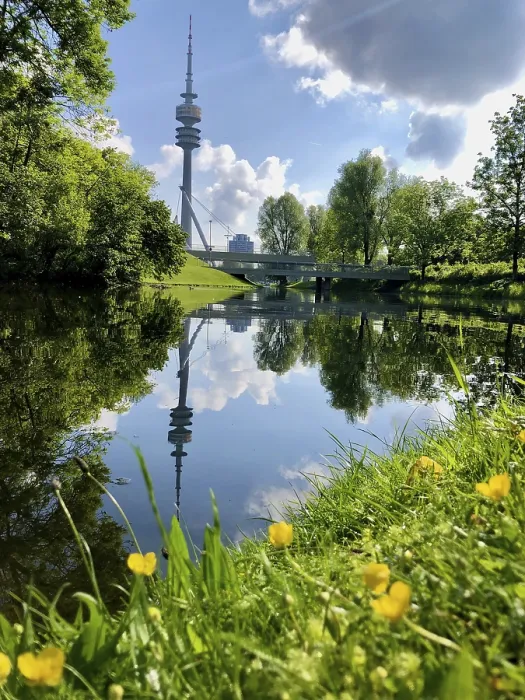 Framed Print : Olympic Tower reflected in the lake Print, Munich, Germany