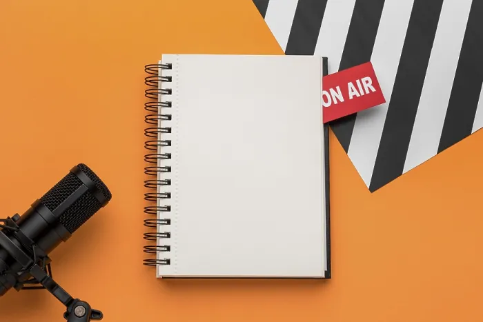 Framed Print : Open Copy Space Notebook Mic Top View Print Framed Print : Open Copy Space Notebook Mic Top View Print