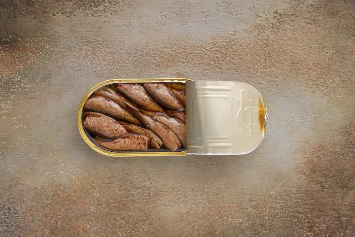 Framed Print : Open Tin Can with Sprats Print, Top View Framed Print : Open Tin Can with Sprats Print, Top View